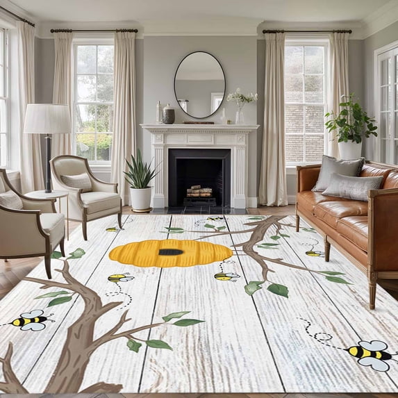 Bees Branches Area Rugs 5'x7', Washable Small Throw Rugs for Laundry Room Playroom, Farmhouse Spring Botanical Wooden Indoor Outdoor Rug Non-Slip Low Pile Carpet Runner Reversible Floor Mats