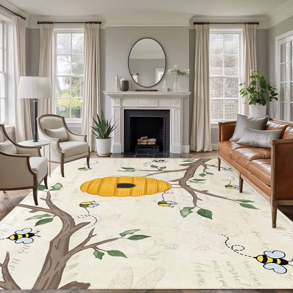 Bees Branches Area Rugs 5'x8', Washable Small Throw Rugs for Classroom Bedroom, Farmhouse Spring Botanical Elegant Indoor Outdoor Rug Non-Slip Low Pile Carpet Runner Reversible Floor Mats