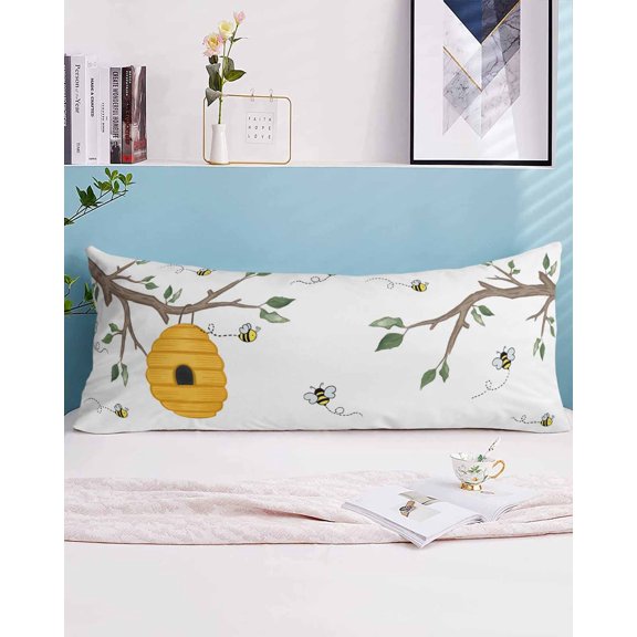 Bees Branches Body Pillow Case Cover - Microfiber Bed Throw Pillow Covers, Farmhouse Spring Botanical Watercolor Decorative Lumbar Pillow Cover with Envelope Closure for Sofa/Travel 20"x54"