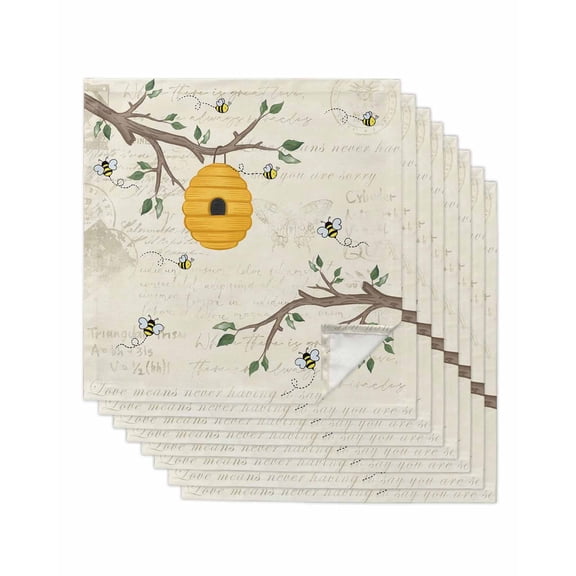Bees Branches Cloth Napkins Set of 8 Reusable Dinner Napkins, Farmhouse Spring Botanical Elegant Cocktail Napkin Washable Table Napkins for Wedding/Holiday Party/Baby Shower 20"x20"