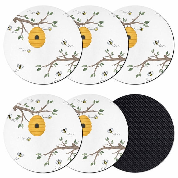 Bees Branches Coasters Set of 6, Absorbent Coasters for Drinks, Farmhouse Spring Botanical Watercolor Coaster for Desk Coffee Table Protection, Home Decor House Warming Gifts 4"
