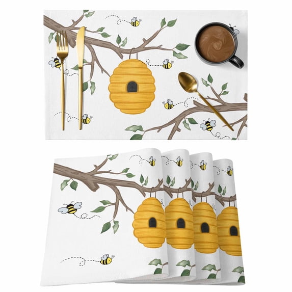 Bees Branches Placemats Set of 4, Farmhouse Spring Botanical Watercolor Placemats for Dining Table, Place Mats for Kitchen Tabletop, Waterproof Wipeable Dining Table Mats Set