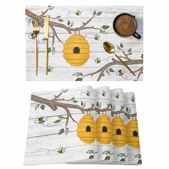 Bees Branches Placemats Set of 6, Farmhouse Spring Botanical Wooden Placemats for Dining Table, Place Mats for Kitchen Tabletop, Waterproof Wipeable Dining Table Mats Set