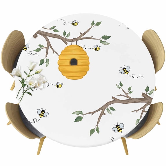 Bees Branches Round Tablecloth, Fitted Table Cover with Elastic for 55"-60" Round Tables, Farmhouse Spring Botanical Watercolor Table Cloth Outdoor Indoor Dinning Party Waterproof Tablecloths