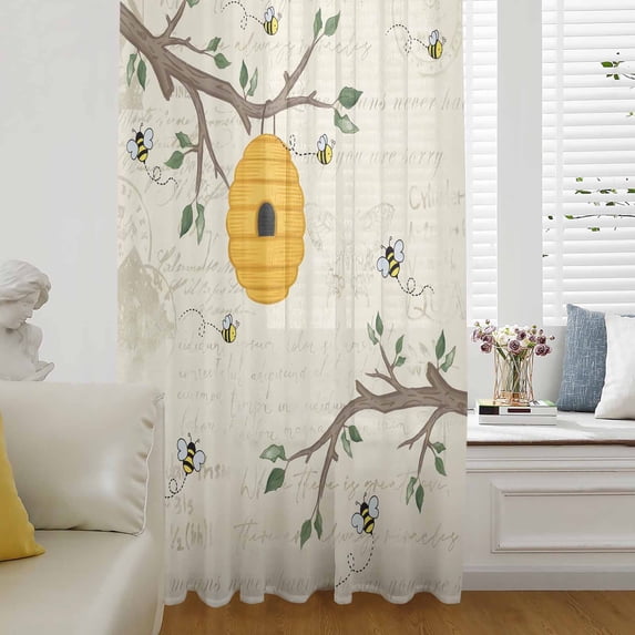 Bees Branches Semi Sheer Curtains Drapes for Living Room, Bedroom, French Doors Window 96 Inches Long, Farmhouse Spring Botanical Elegant Rod Pocket Chiffon Curtain Drapery Voile Draperies Panel