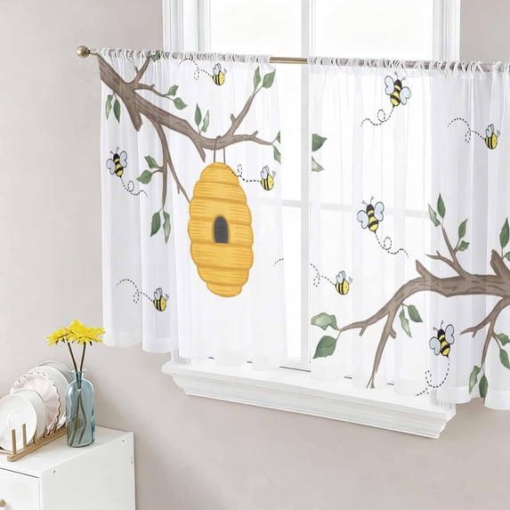 Bees Branches Sheer Curtains 45 Inch Length 2 Panels for Living Room ...