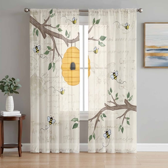 Bees Branches Sheer Curtains 84 Inch Length 2 Panels Set, Farmhouse Spring Botanical Elegant Voile Window Treatment Rod Pocket Curtains Sheers Drapes for Bedroom/Living Room/Kitchen 52"x84"x2