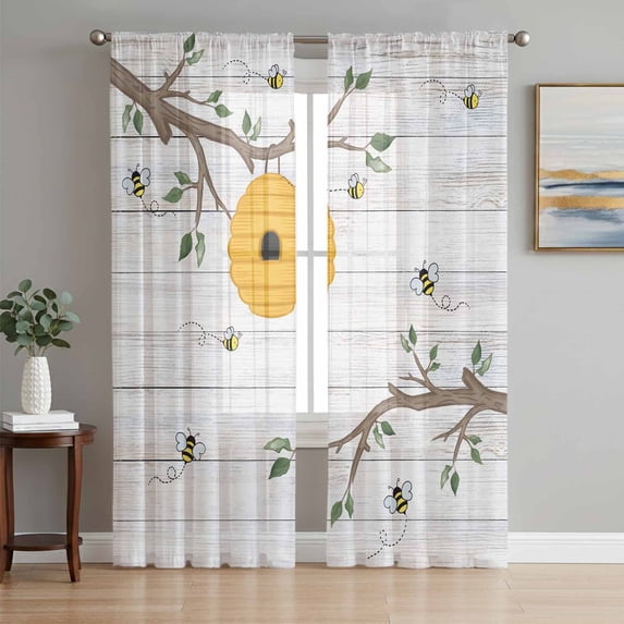 Bees Branches Sheer Curtains 84 Inch Length 2 Panels Set, Farmhouse Spring Botanical Wooden Voile Window Treatment Rod Pocket Curtains Sheers Drapes for Bedroom/Living Room/Kitchen 52"x84"x2