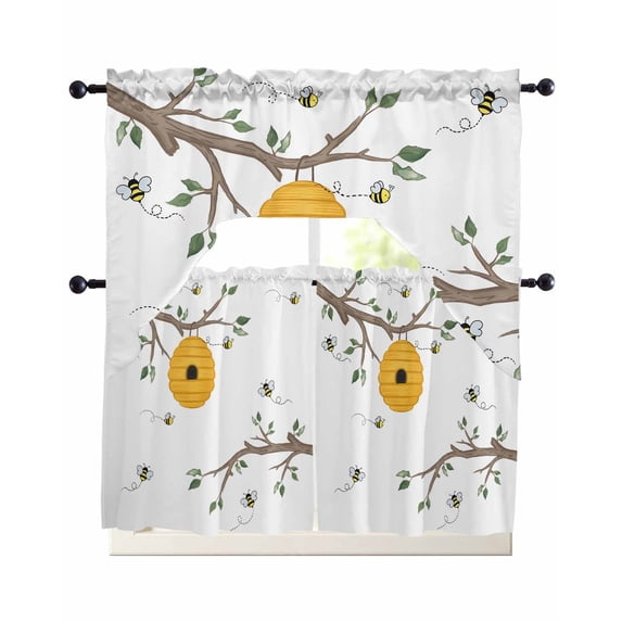 Bees Branches Swag Curtains for Living Room/Bedroom Windows, Farmhouse Spring Botanical Watercolor Kitchen Curtains and Valances Set 36 Inch Length, Light Filtering Swags Valance Curtain Panels