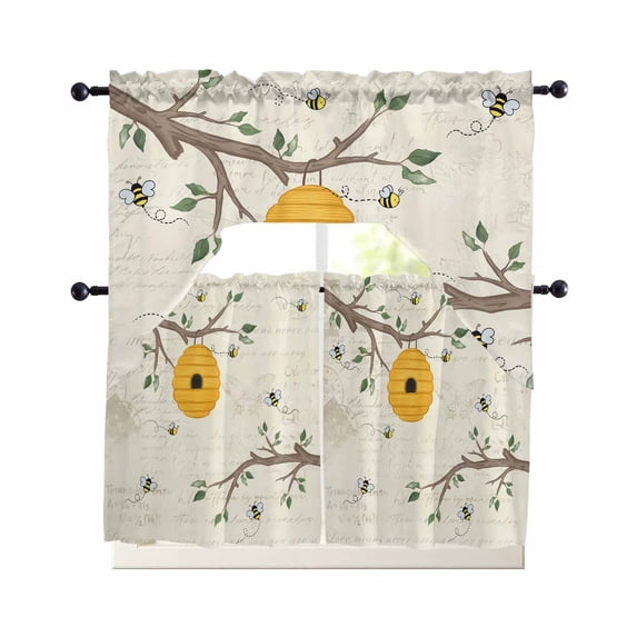 Bees Branches Swag Kitchen Curtains Sets for Windows 24 Inch Length, Farmhouse Spring Botanical Elegant Short Window Curtain Panels Swags Valances and Tiers 3 Piece Set for Cafe/Dining Room