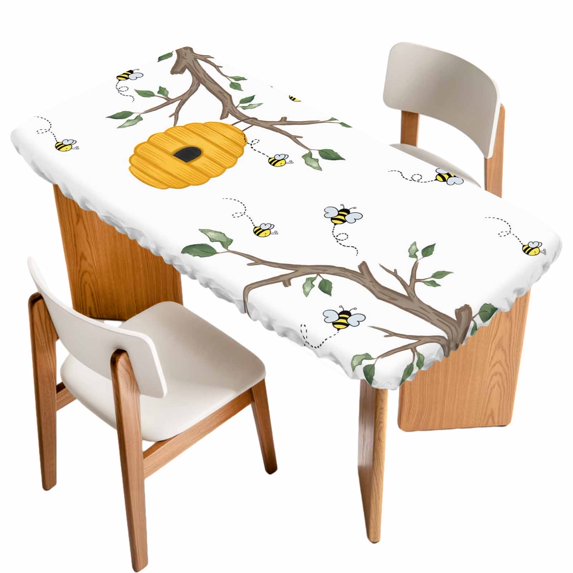 Bees Branches Table Cloths for 3 Foot Rectangle Tables, Farmhouse Spring Botanical Watercolor Patio Waterproof Elastic Fitted Tablecloths, Washable Rectangular Table Cover for Camping