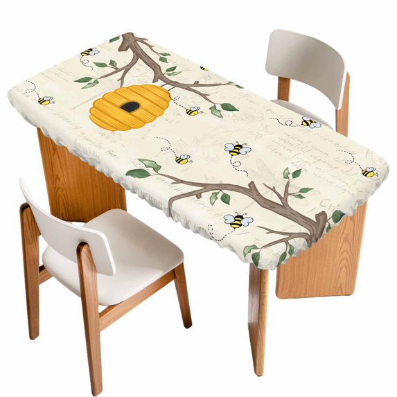 Bees Branches Table Cloths for 6 Foot Rectangle Tables, Farmhouse Spring Botanical Elegant Patio Waterproof Elastic Fitted Tablecloths, Washable Rectangular Table Cover for Camping