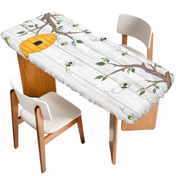 Bees Branches Table Cloths for 8 Foot Rectangle Tables, Farmhouse Spring Botanical Wooden Patio Waterproof Elastic Fitted Tablecloths, Washable Rectangular Table Cover for Camping