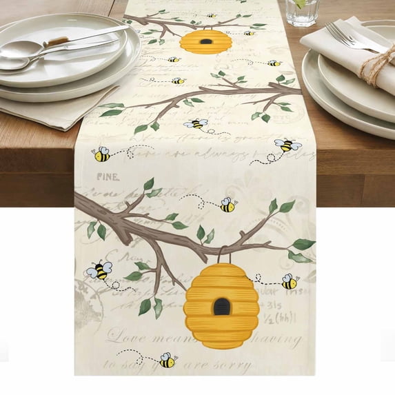 Bees Branches Table Runner - 120 Inch Long, Kitchen Dining Table Runner Dresser Scarves, Farmhouse Spring Botanical Elegant Farmhouse Decor for Coffee Tables Wedding Party Banquet