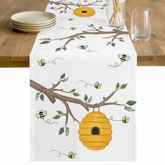 Bees Branches Table Runner - 36 Inch Long Farmhouse Spring Botanical Watercolor Cotton and Linen Blended Dress Scarves Farmhouse Table Runner for Kitchen Dining, Coffee Table, 13" x 36"