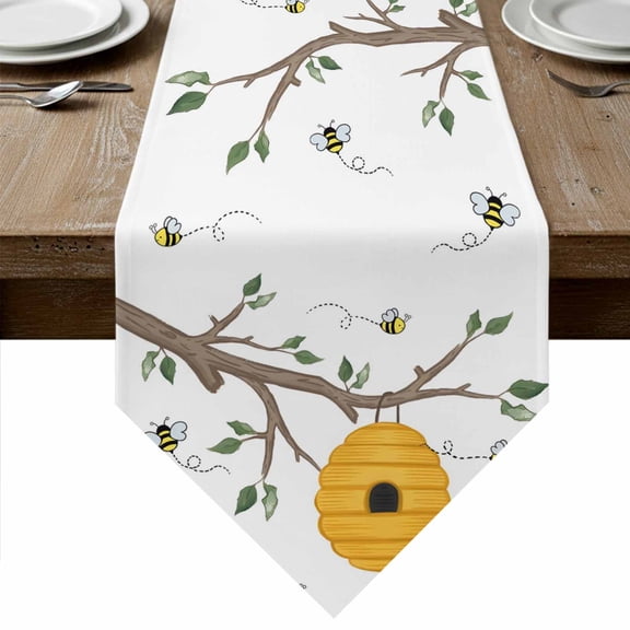 Bees Branches Table Runner Linen Burlap Table Runner 36 Inches Small Farmhouse Spring Botanical Watercolor Dresser Scarves for Kitchen Island Coffee Dining Party Wedding Banquet Holiday Decor 13"x36"