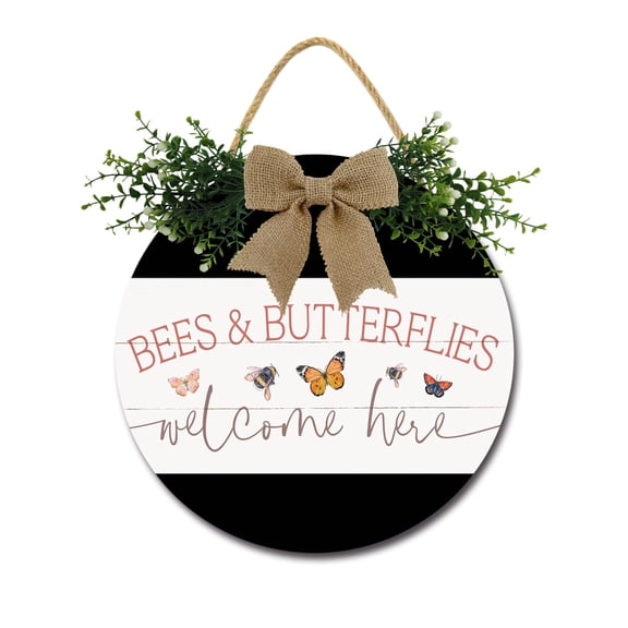 Bees & Butterflies Welcome Here Front Door Sign Funny Wreaths Hanging Wooden Plaque Decoration Round Rustic Wood Farmhouse Porch Decor for Home Front Door Decor, 11 x 11 Inch