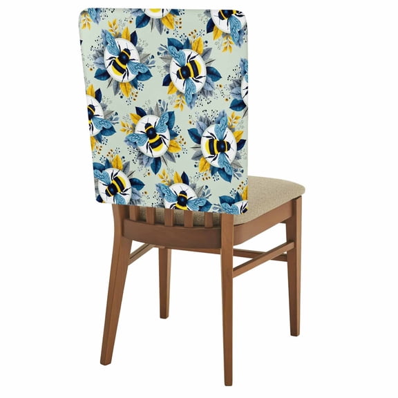 Bees Chair Covers Set of 1 Yellow Blue Leaves Bee Green Texture Chair Back Covers Stretch Removable Washable Slipcovers Protector for Dining Room Kitchen Party Decor