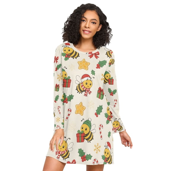 Bees Christmas Nightgowns for Women Soft Sleepwear Long Sleeves Ladies Sleepshirt Nightdress
