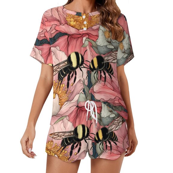 Bees Collect Honey Pajama Set for Women 2 Piece Sleepwear Loungewear Short Sleeve