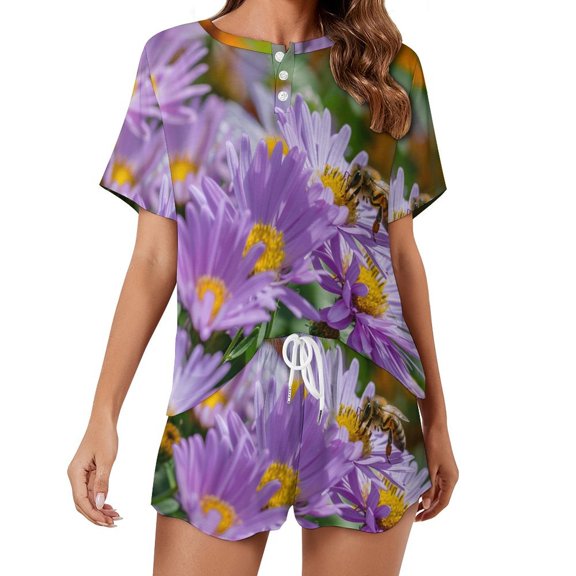 Bees Collect Honey Print Women'S Pajamas Set Summer Sleepwear Sets 2 Piece Lounge Set