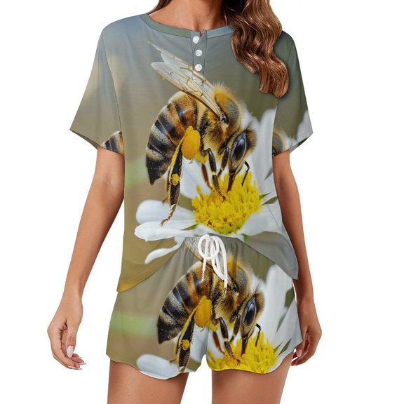 Bees Collect Honey Print Women'S Pajamas Set Summer Sleepwear Sets 2 Piece Lounge Set