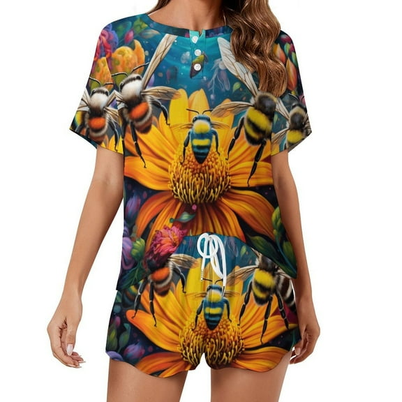 Bees Collect Honey Women's Ruffle Short Sleeve Tops And Shorts Cute Peeps Bunny Pajamas Sets