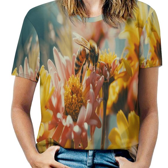 Bees Collect Honey Womens Tops Women's Fashion Casual Short Sleeve Flower Print Round Neck Pullover Top Blouse