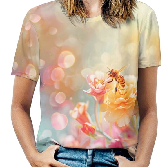 Bees Collect Honey Womens Tops Women's Fashion Casual Short Sleeve Flower Print Round Neck Pullover Top Blouse