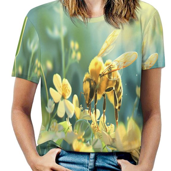 Bees Collect Honey Womens Tops Women's Fashion Casual Short Sleeve Flower Print Round Neck Pullover Top Blouse