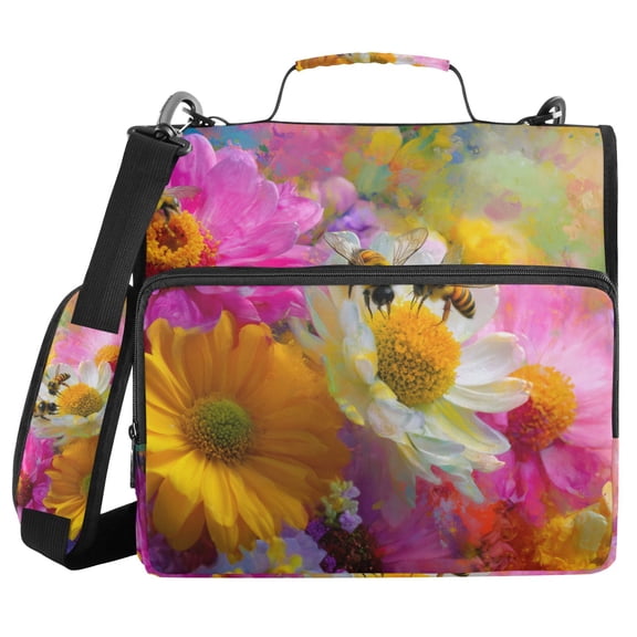 Bees Collecting Nectar Digital Painting Binder Bag with Shoulder Strap 3 Ring Zipper Binder File Folder Document Storage