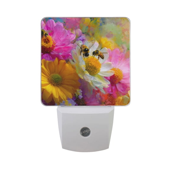 Bees Collecting Nectar Digital Painting LED Night Light Sensor Lamp Plug-in Adjustable Brightness 2 Pack