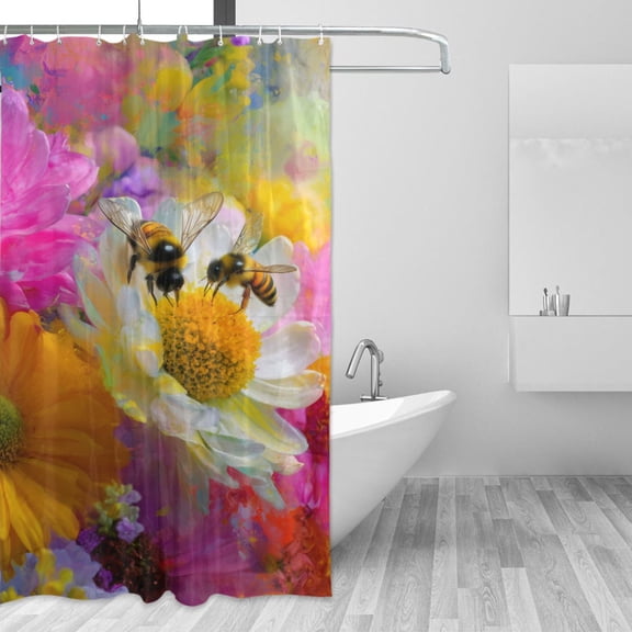 Bees Collecting Nectar Digital Painting Shower Curtains with 12 Hooks Waterproof Bathroom Decor 48" x 72"