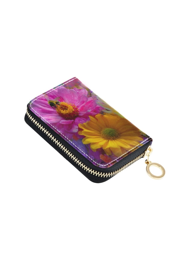 Bees Collecting Nectar Digital Painting Women's Credit Card Holder PU Leather Zipper Wallet RFID Blocking
