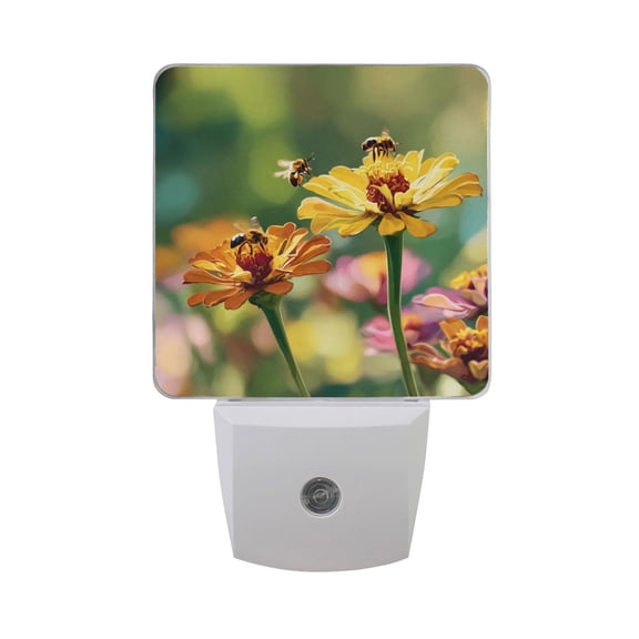 Bees Collecting Nectar on Spring LED Night Light Sensor Lamp Plug-in Adjustable Brightness 2 Pack