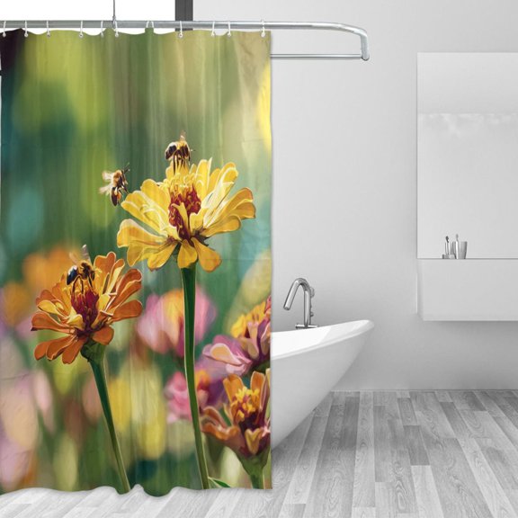 Bees Collecting Nectar on Spring Shower Curtains with 12 Hooks Waterproof Bathroom Decor 66" x 72"