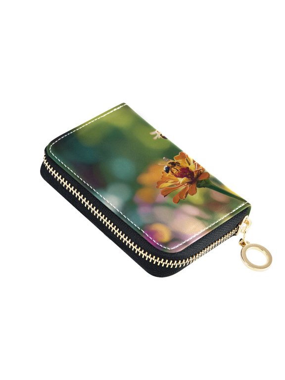Bees Collecting Nectar on Spring Women's Credit Card Holder PU Leather Zipper Wallet RFID Blocking