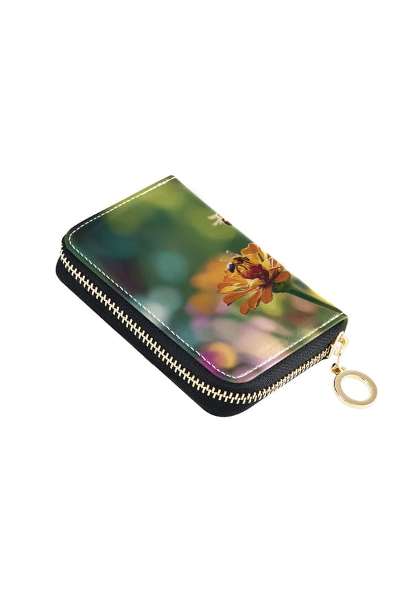 Bees Collecting Nectar on Spring Women's Credit Card Holder PU Leather Zipper Wallet RFID Blocking