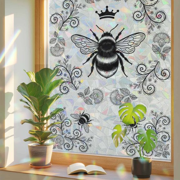 Bees Crowns Flower Rings on Linen Window Privacy Film, Rainbow Film Decorative Window Sticker 17.7x39.3in, Abstract Botantical Sun Blocking Static Stained Glass Cling Tint Non-Adhesive