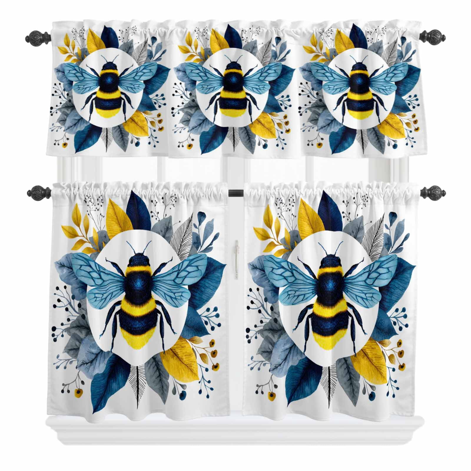 Bees Curtain Valances Set Gold Blue Leaves Plant Bee Kitchen Curtains ...