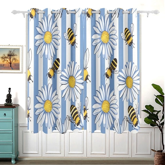 Bees Daisies Flowers Blackout Curtain Panels 63x55in Drapes Privacy Assured for Living room Bedroom Bathroom 2 panels set