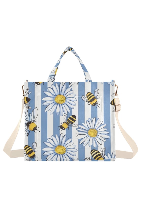 Bees Daisies Flowers Corduroy Tote Bag Handbag Large Messenger Bag Shoulder Crossbody Zipper Bag Purse