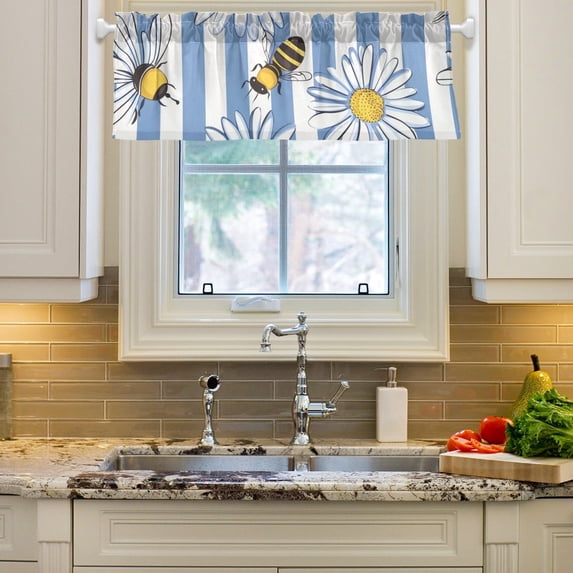 Bees Daisies Flowers Curtain Valances Farmhouse Design Window Treatment Decor Blackout Rod Pocket for Windows Living Room Kitchen 54" x 18"