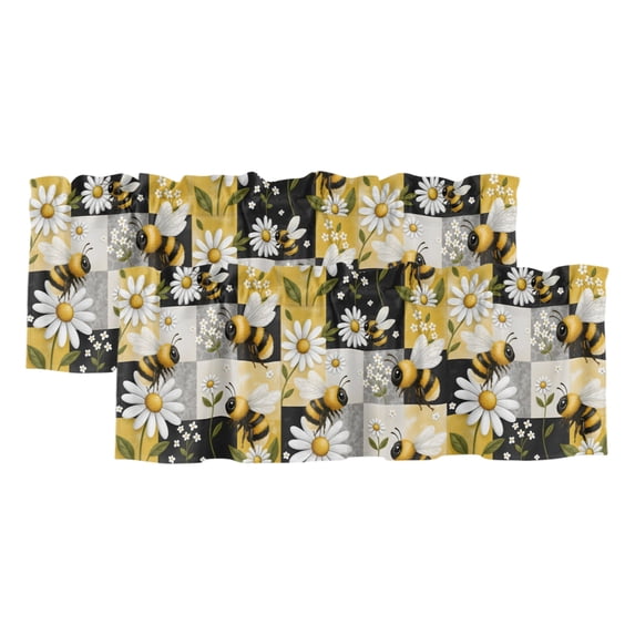 Bees Daisy 2 Panels Kitchen Valance, Rustic Countryside Summer Grid ...