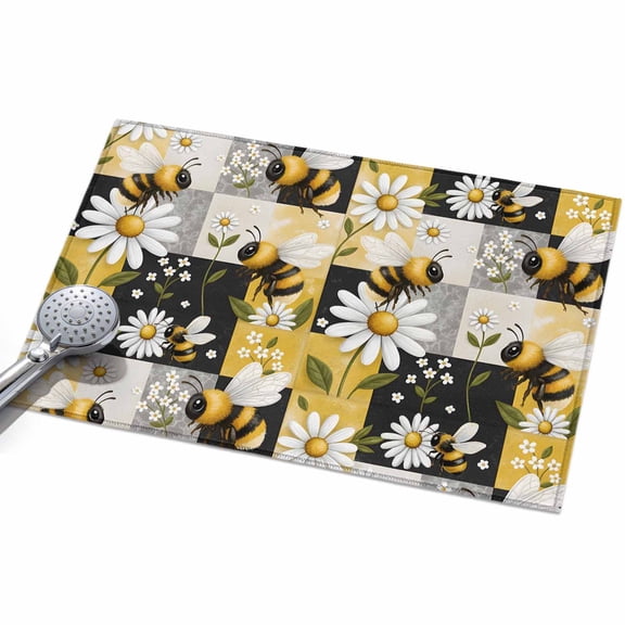Bees Daisy Area Rugs 2x3ft Rustic Countryside Summer Grid Patchwork Floor Rug Non Slip Low Pile Ultra Soft Throw Carpet for Entryway Indoor Entrance Kitchen Bathroom