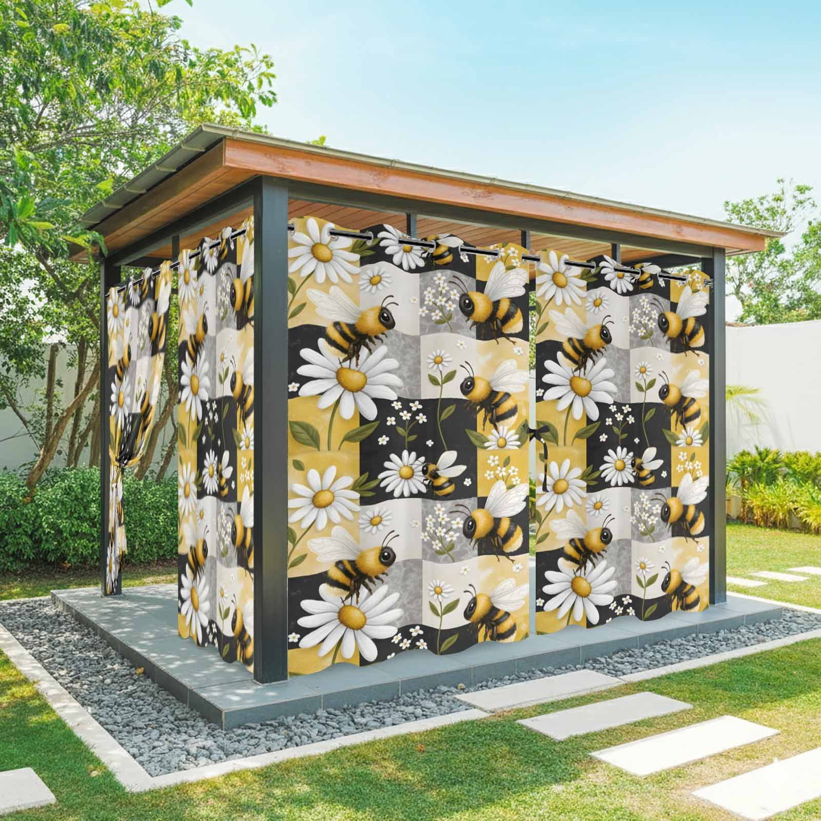 Bees Daisy Outdoor Curtains for Patio, Rustic Countryside Summer Grid Patchwork Sunshade Privacy Drapes Grommet Waterproof Outside Curtains for Porch/Cabana/Balcony 54"x 108", 1 Panel