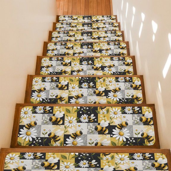 Bees Daisy Stair Treads Non Slip for Steps Rustic Countryside Summer Grid Patchwork 10 Pcs Reusable Adhesive Stair Runner Mats for Dogs Elders Carpet Treads Rugs for Staircase 8x30 In
