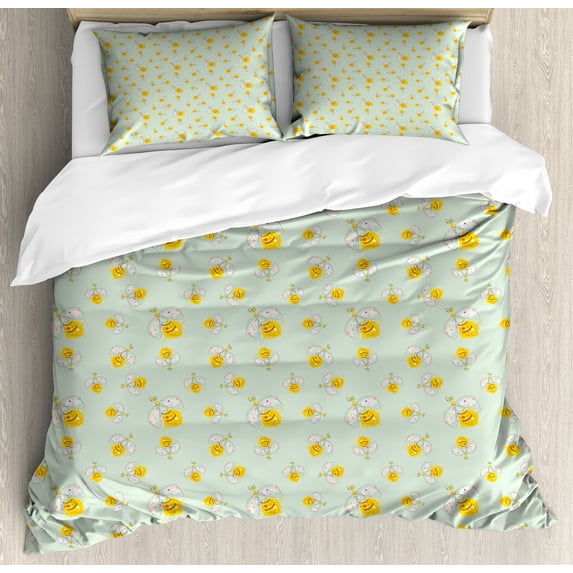 Bees Duvet Cover Set, Honeycomb Animals Color Splashes Art Hearts Floral Ornaments, Decorative 3 Piece Bedding Set with 2 Pillow Shams, King Size, Pale Green Earth Yellow, by Ambesonne