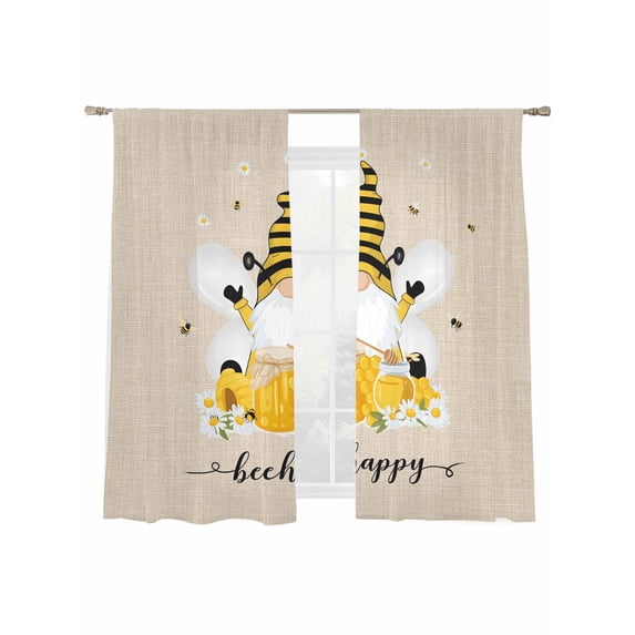 Bees Dwarf Sheer Curtains 2 Panels Set Daisy Honey Farm Vintage Sheer Window Curtains Light Filtering Rod Pocket Voile Drapes for Bedroom Living Room 52"X72"