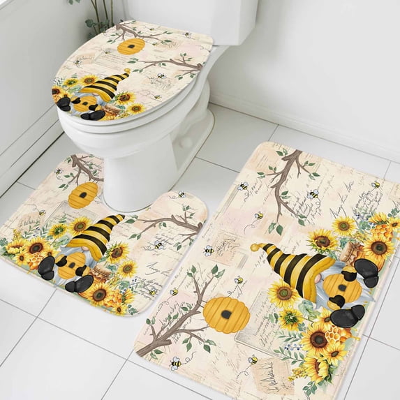 Bees Dwarfs Bathroom Rugs Set Yellow Sunflowers Branch Spring Flower Plant Vintage Non Slip Absorbent Soft Bath Mats 3 Piece Set with Bathroom Rug, U-Shaped Floor Mat, Toilet Seat Cover Small Size